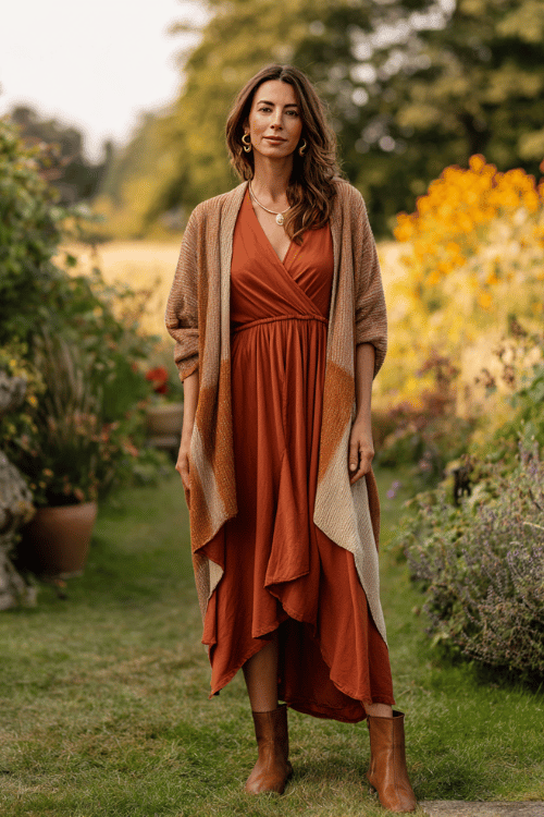 a woman in a relaxed boho look a soft draped wrap dress in warm rust with long sleeves and a flowing skirt layered with a cozy oversized blanket cardigan in earthy brown and cream