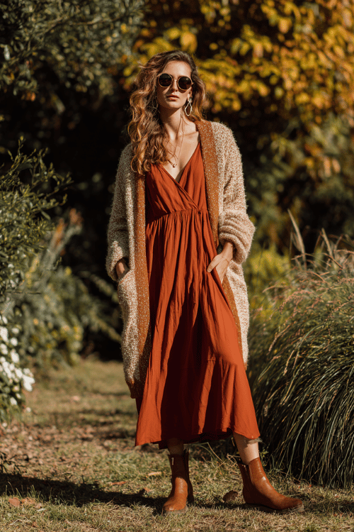 a woman in a relaxed boho look a soft draped wrap dress in warm rust with long sleeves and a flowing skirt layered with a cozy oversized blanket cardigan