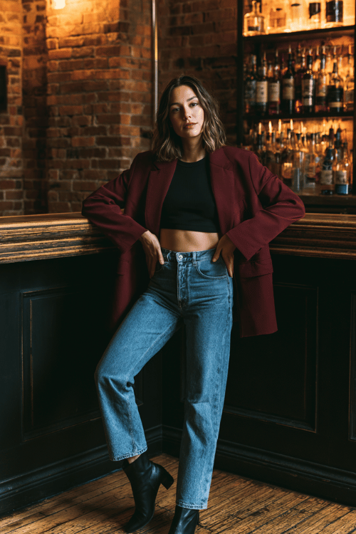 a woman in a relaxed burgundy oversized blazer worn over a black fitted crop top, straight-leg medium wash jeans, and black ankle boots 