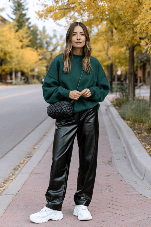 a woman in a relaxed forest green crewneck sweatshirt, black faux leather straight-leg pants, and white chunky sneakers, carrying a small black quilted crossbody bag 