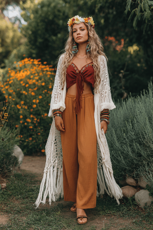 a woman in a relaxed hippie-inspired look a loose embroidered peasant blouse in warm burnt orange paired with wide-leg linen trousers in dusty sage layered with a long open macramé cardigan