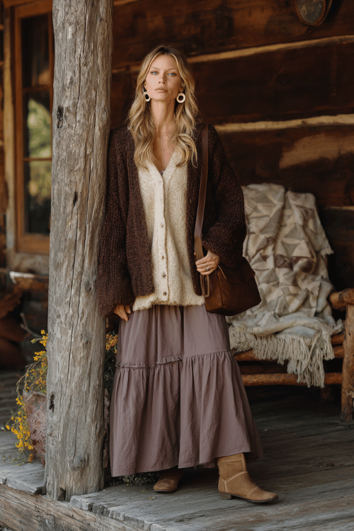 a woman in a relaxed oversized boho pullover in a soft chunky knit of warm cinnamon and cream tones, paired with a flowing tiered skirt in muted dusty mauve