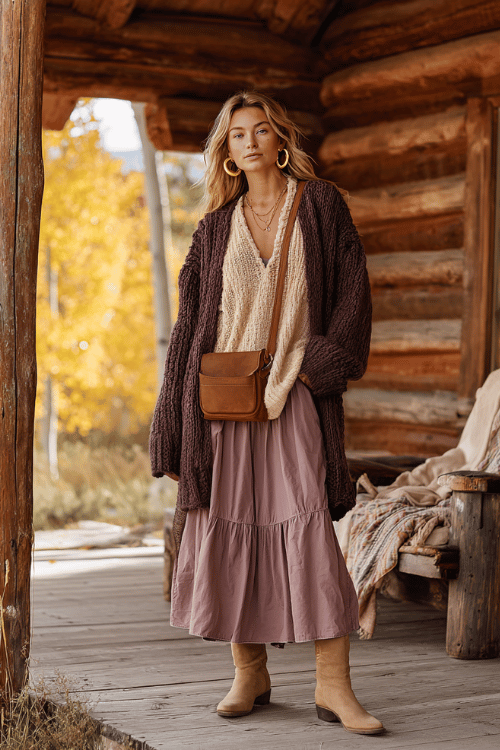 a woman in a relaxed oversized boho pullover in a soft chunky knit of warm cinnamon and cream tones, paired with a flowing tiered skirt in muted dusty mauve