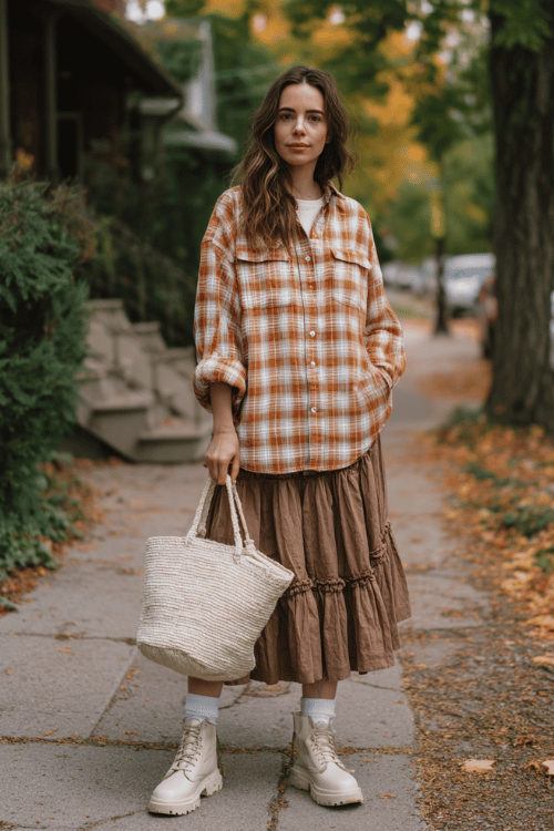 a woman in a relaxed oversized flannel shirt in warm plaid tones of rust and cream, tucked loosely into a flowy tiered midi skirt in earthy brown, paired with white crew socks 