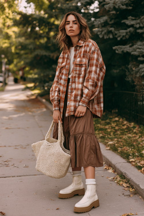 a woman in a relaxed oversized flannel shirt in warm plaid tones of rust and cream, tucked loosely into a flowy tiered midi skirt in earthy brown, paired with white crew socks