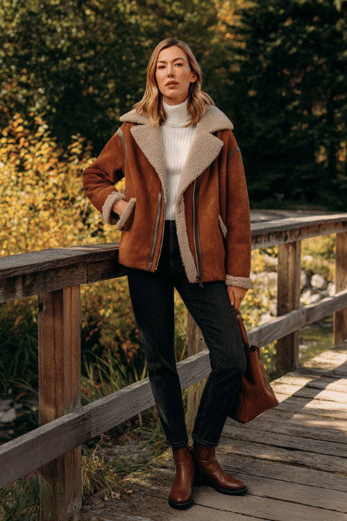 a woman in a relaxed oversized shearling-lined suede jacket in warm tan over a simple fitted white turtleneck and straight-leg dark denim jeans, wearing flat cognac leather Chelsea boots 