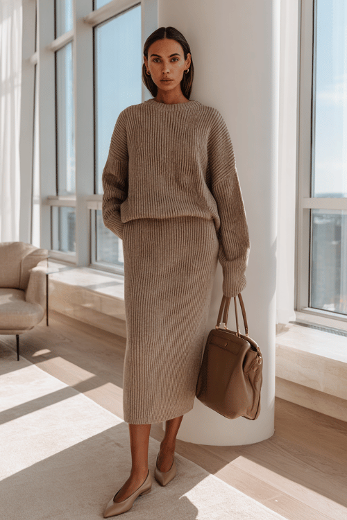 a woman in a relaxed ribbed knit co-ord set in warm taupe a long-sleeve top and straight-leg midi skirt paired with flat leather pointed-toe mules and a structured top-handle bag in tan