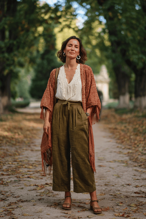 a woman in a relaxed wide-leg corduroy trouser in deep olive green paired with a loose cream lace-trim blouse, layered with a lightweight fringed kimono in warm terracotta tones