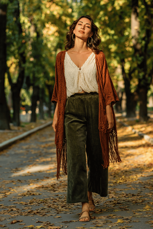 a woman in a relaxed wide-leg corduroy trouser in deep olive green paired with a loose cream lace-trim blouse, layered with a lightweight fringed kimono in warm terracotta tones