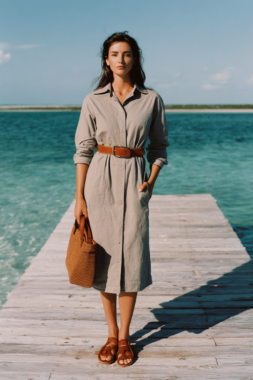 a woman in a relaxed yet refined cotton midi shirtdress in warm stone grey, sleeves rolled to the elbow, belted loosely, paired with cognac leather sandals