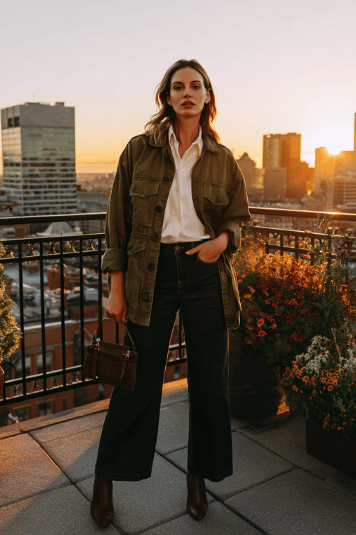 a woman in a rich olive green utility-style jacket over a crisp white button-down shirt tucked into wide-leg dark indigo jeans, finished with pointed-toe ankle boots