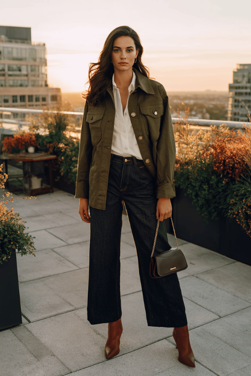 a woman in a rich olive green utility-style jacket over a crisp white button-down shirt tucked into wide-leg dark indigo jeans, finished with pointed-toe ankle boots in warm cognac leather 