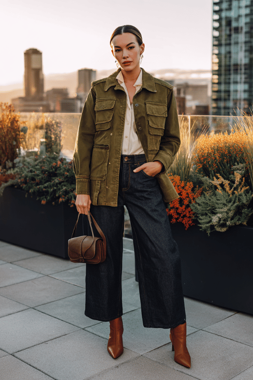 a woman in a rich olive green utility-style jacket over a crisp white button-down shirt tucked into wide-leg dark indigo jeans, finished with pointed-toe ankle boots in warm cognac leather