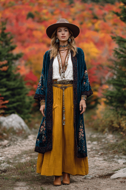 a woman in a richly embroidered bohemian coat in deep jewel tones of teal and burgundy over a flowing mustard yellow maxi skirt and cream lace blouse 
