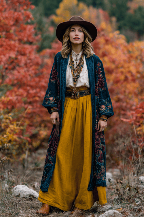 a woman in a richly embroidered bohemian coat in deep jewel tones of teal and burgundy over a flowing mustard yellow maxi skirt and cream lace blouse 