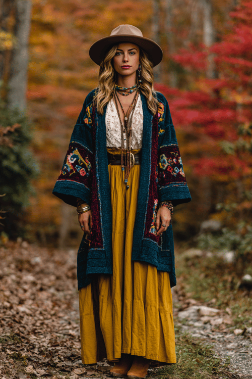a woman in a richly embroidered bohemian coat in deep jewel tones of teal and burgundy over a flowing mustard yellow maxi skirt and cream lace blouse
