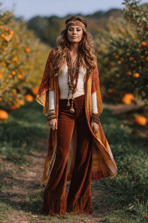 a woman in a richly layered hippie boho look a flowing open-front kaftan in warm hand-dyed tones of rust and ochre over a simple fitted cream long-sleeve top and wide-leg trousers