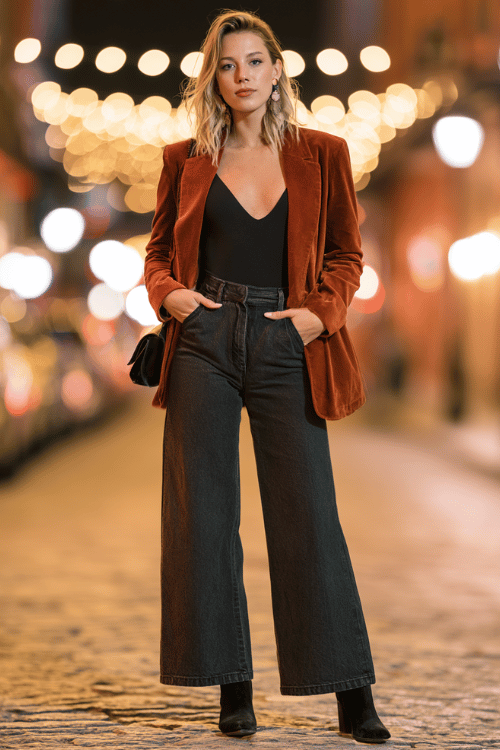 a woman in a rust-colored velvet blazer over a black bodysuit, tailored dark wash wide-leg trousers, and pointed-toe ankle boots, holding a small clutch