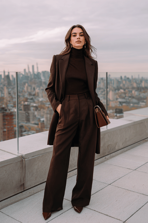a woman in a sleek monochromatic dark chocolate brown ensemble a tailored longline blazer, wide-leg trousers, and a fitted ribbed turtleneck wearing pointed-toe leather boots 