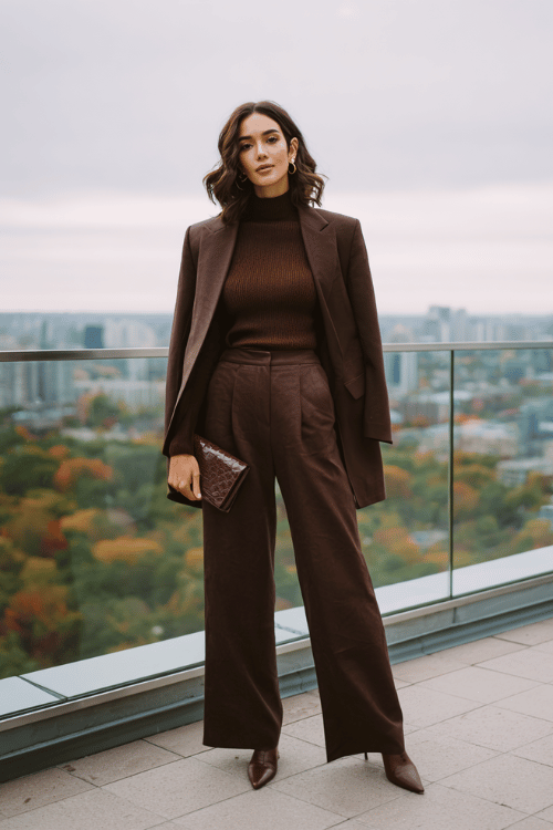 a woman in a sleek monochromatic dark chocolate brown ensemble a tailored longline blazer, wide-leg trousers, and a fitted ribbed turtleneck wearing pointed-toe leather boots