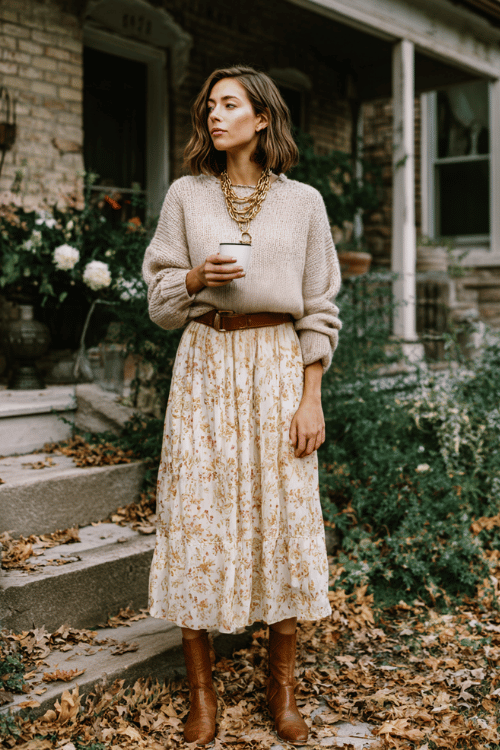 a woman in a slouchy oversized chunky knit sweater in warm oatmeal, paired with a flowing tiered midi skirt in soft earthy florals, accessorized with a simple leather belt