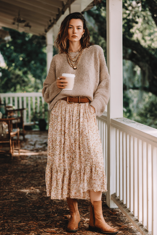 a woman in a slouchy oversized chunky knit sweater in warm oatmeal, paired with a flowing tiered midi skirt in soft earthy florals, accessorized with a simple leather belt