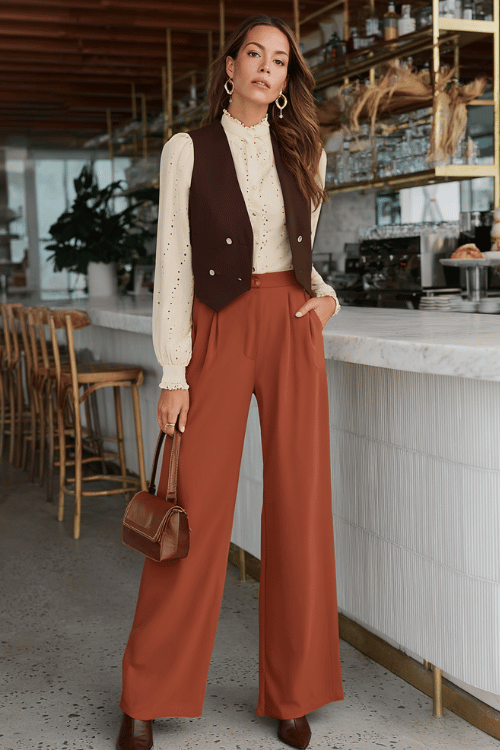 a woman in a smart boho work look a flowing terracotta crepe wide-leg pant paired with a fitted mock-neck blouse in warm ivory with subtle eyelet
