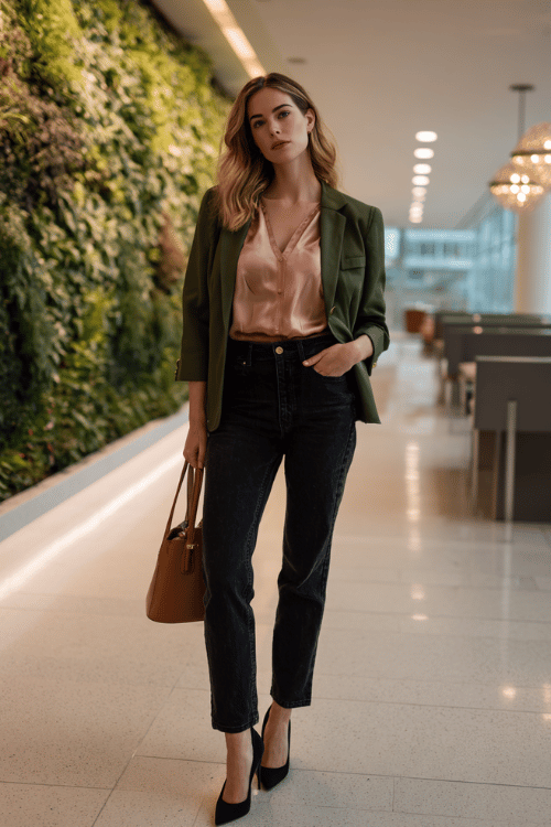 a woman in a soft blush silk blouse with delicate button details tucked into high-waisted straight-leg dark-wash jeans, layered with a fitted forest green blazer with gold hardware accents