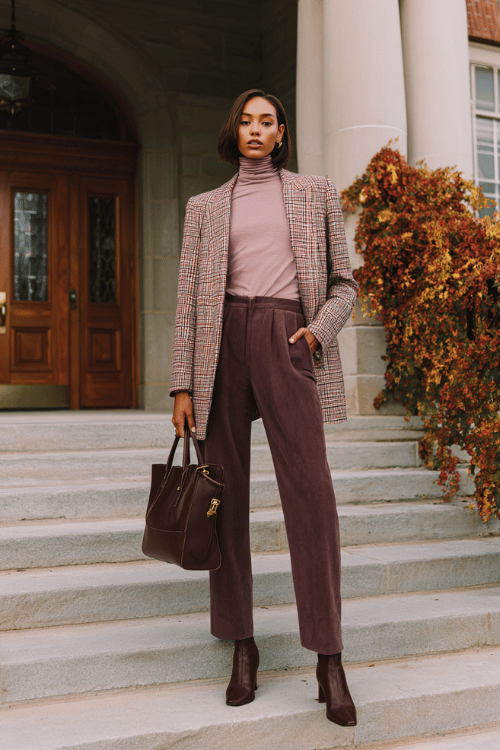 a woman in a soft dusty rose cashmere turtleneck tucked into high-waisted straight-leg trousers in rich espresso brown, layered with a longline plaid blazer in burgundy and ivory tones