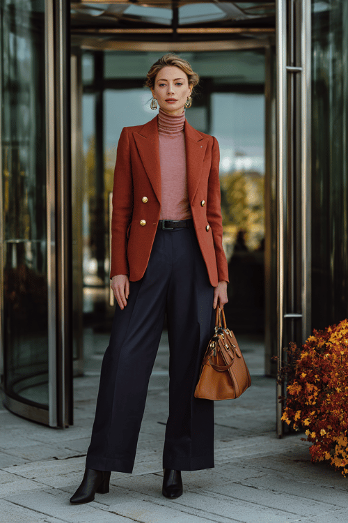 a woman in a soft dusty rose cashmere turtleneck tucked into wide-leg dark navy trousers, layered with a tailored rust-orange blazer with gold button accents 