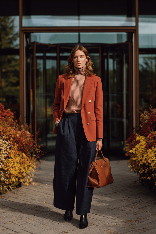 a woman in a soft dusty rose cashmere turtleneck tucked into wide-leg dark navy trousers, layered with a tailored rust-orange blazer with gold button accents