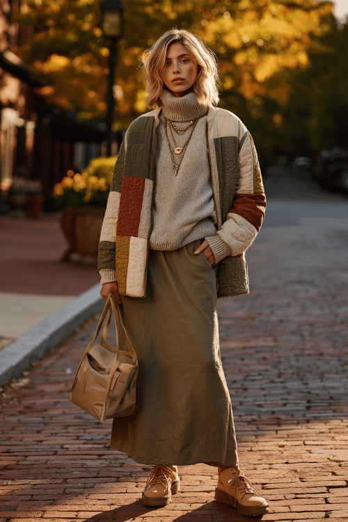 a woman in a soft oversized turtleneck sweater in warm mushroom grey paired with a relaxed flowy maxi skirt in deep earthy olive, layered with a cozy patchwork quilt-style jacket