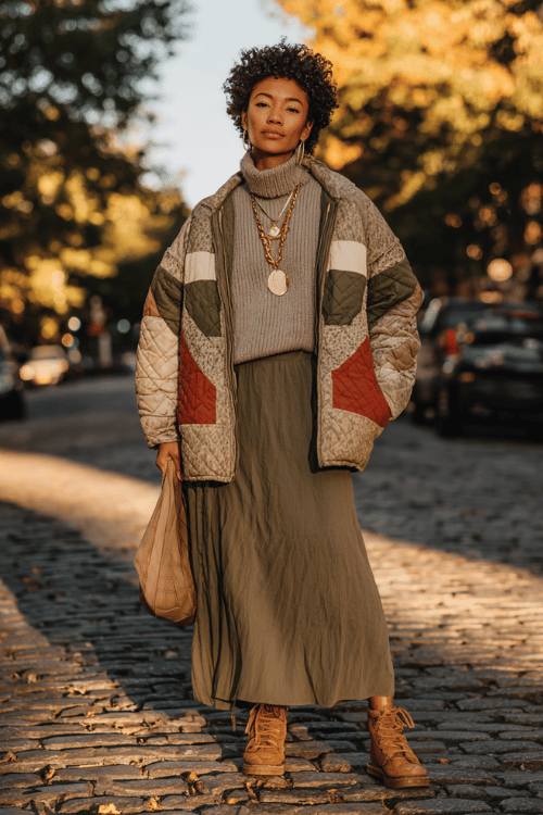 a woman in a soft oversized turtleneck sweater in warm mushroom grey paired with a relaxed flowy maxi skirt in deep earthy olive, layered with a cozy patchwork quilt-style jacket