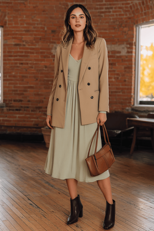 a woman in a soft sage green long-sleeve midi dress with a fitted bodice and subtle pleated skirt, layered with a tailored camel double-breasted blazer 