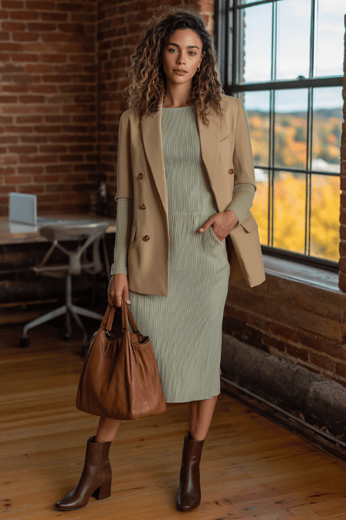 a woman in a soft sage green long-sleeve midi dress with a fitted bodice and subtle pleated skirt, layered with a tailored camel double-breasted blazer