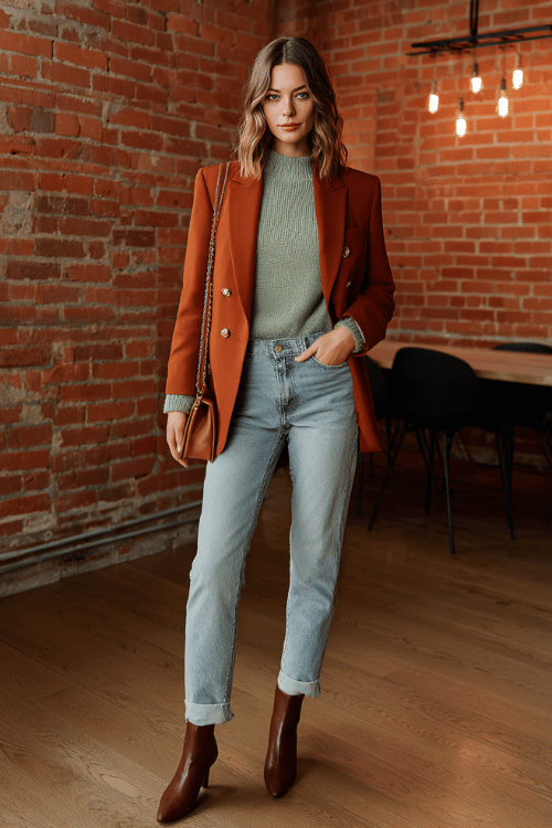 a woman in a soft sage green mock-neck sweater tucked into straight-leg medium wash jeans, layered with a tailored rust-orange blazer with subtle gold button accents
