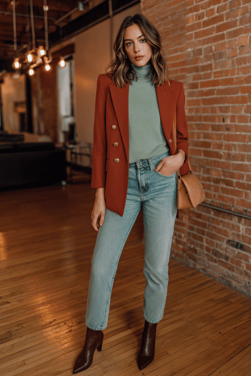 a woman in a soft sage green mock-neck sweater tucked into straight-leg medium wash jeans, layered with a tailored rust-orange blazer with subtle gold button accents