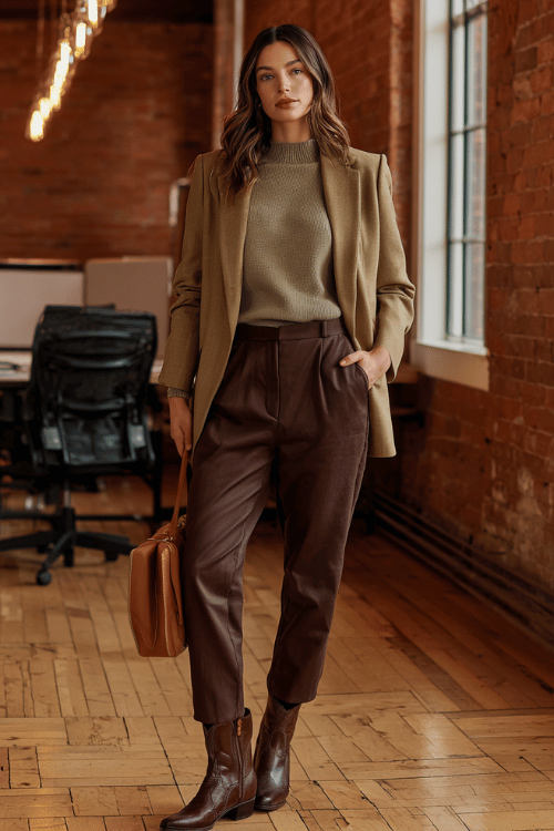 a woman in a soft sage green mock-neck sweater tucked into tailored straight-leg trousers in deep burgundy, layered with a fitted camel blazer with subtle gold hardware accents
