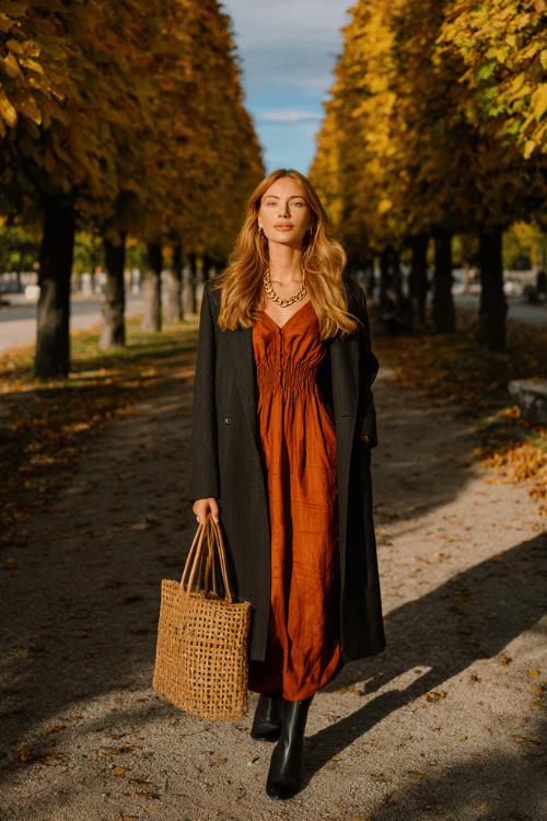 a woman in a sophisticated autumn boho look wearing a long-sleeve midi dress in warm burnt sienna with subtle smocking details, layered with a tailored longline coat in deep charcoal
