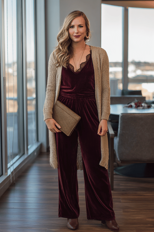 a woman in a sophisticated boho work outfit a deep burgundy velvet wide-leg jumpsuit with subtle lace trim at the neckline layered with a long open-front cardigan in warm oatmeal