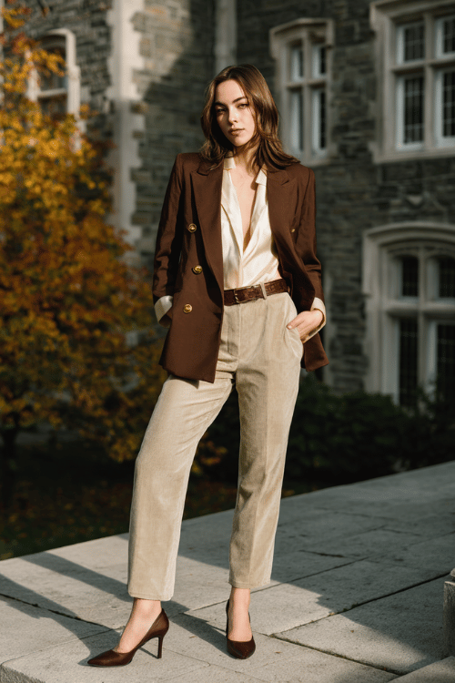 a woman in a sophisticated double-breasted blazer in warm tobacco brown over a cream silk blouse and tailored straight-leg trousers in oatmeal, paired with pointed-toe leather pumps