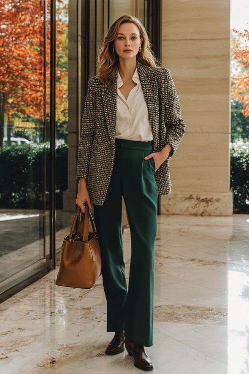 a woman in a sophisticated houndstooth blazer in black and camel over a soft ivory silk blouse tucked into high-waisted tailored trousers in deep forest green 