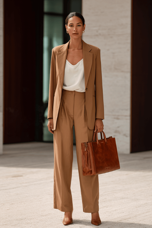 a woman in a sophisticated monochromatic suit in warm camel a structured single-breasted blazer and tailored wide-leg trousers worn over a simple silk camisole in ivory