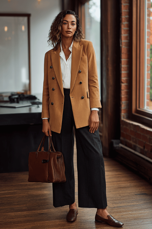 a woman in a tailored double-breasted blazer in warm camel over a crisp white button-down shirt tucked into wide-leg trousers in deep charcoal, finished with block-heel loafers 