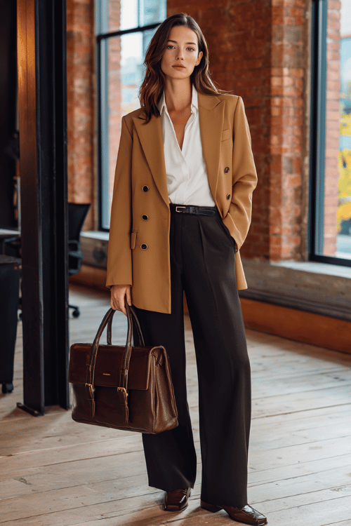 a woman in a tailored double-breasted blazer in warm camel over a crisp white button-down shirt tucked into wide-leg trousers in deep charcoal, finished with block-heel loafers