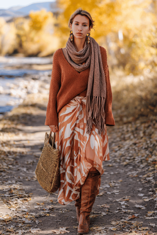 a woman in an effortlessly cozy boho look a roomy drop-shoulder sweater in warm terracotta paired with a flowing printed wrap skirt in soft ochre 