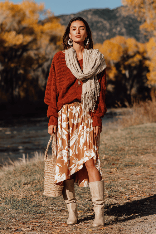 a woman in an effortlessly cozy boho look a roomy drop-shoulder sweater in warm terracotta paired with a flowing printed wrap skirt in soft ochre