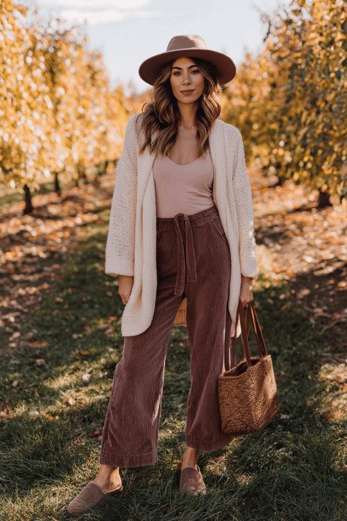 a woman in an effortlessly relaxed boho look a generous draped wrap cardigan in soft warm ivory over a simple fitted long-sleeve top in dusty rose and relaxed wide-leg corduroy trousers 