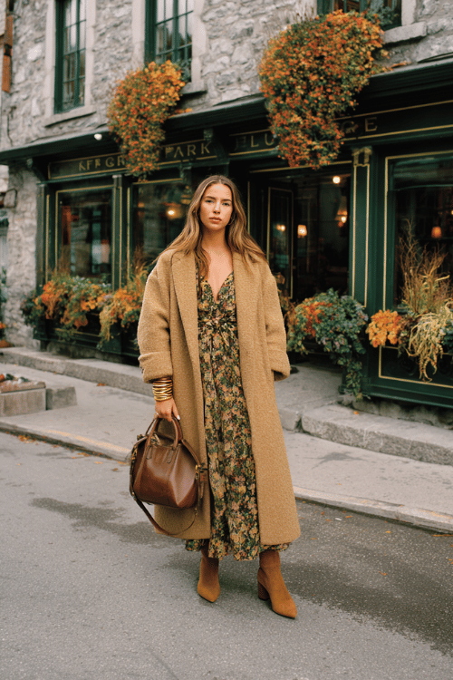 a woman in an elegant oversized wrap coat in warm camel bouclé over a flowing printed midi dress in earthy ochre and forest green florals, accessorized with a structured leather tote