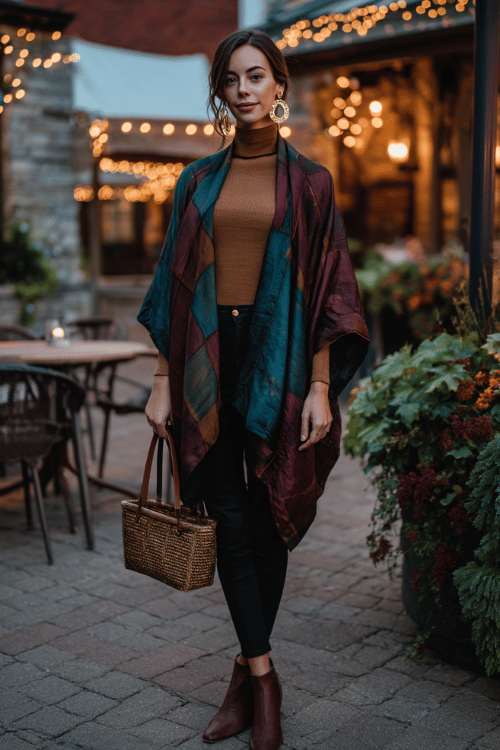 a woman in dark skinny jeans paired with an oversized flowing kimono in deep jewel tones of teal and burgundy, layered over a simple fitted camel turtleneck